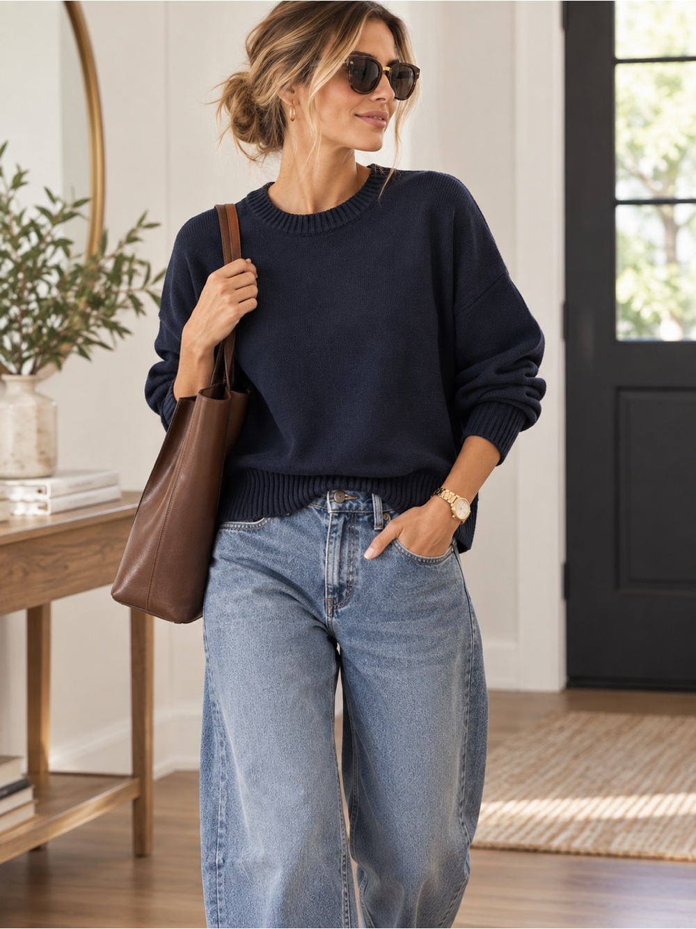 Quince 100% Organic Cotton Boyfriend Crew Sweater Navy M